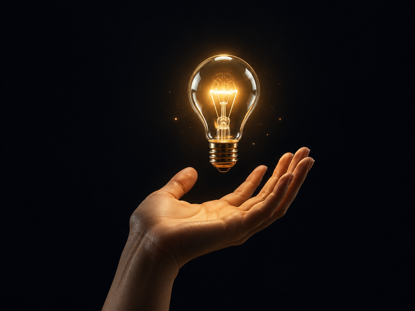 A hand holding a glowing golden light bulb against a dark background