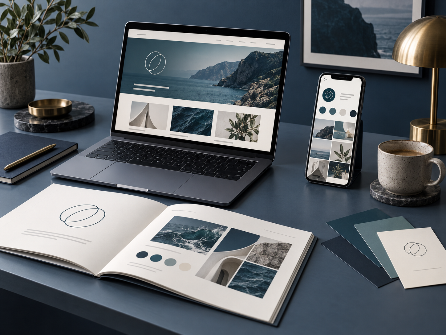Laptop, phone and printed brand materials with coordinated visual designs