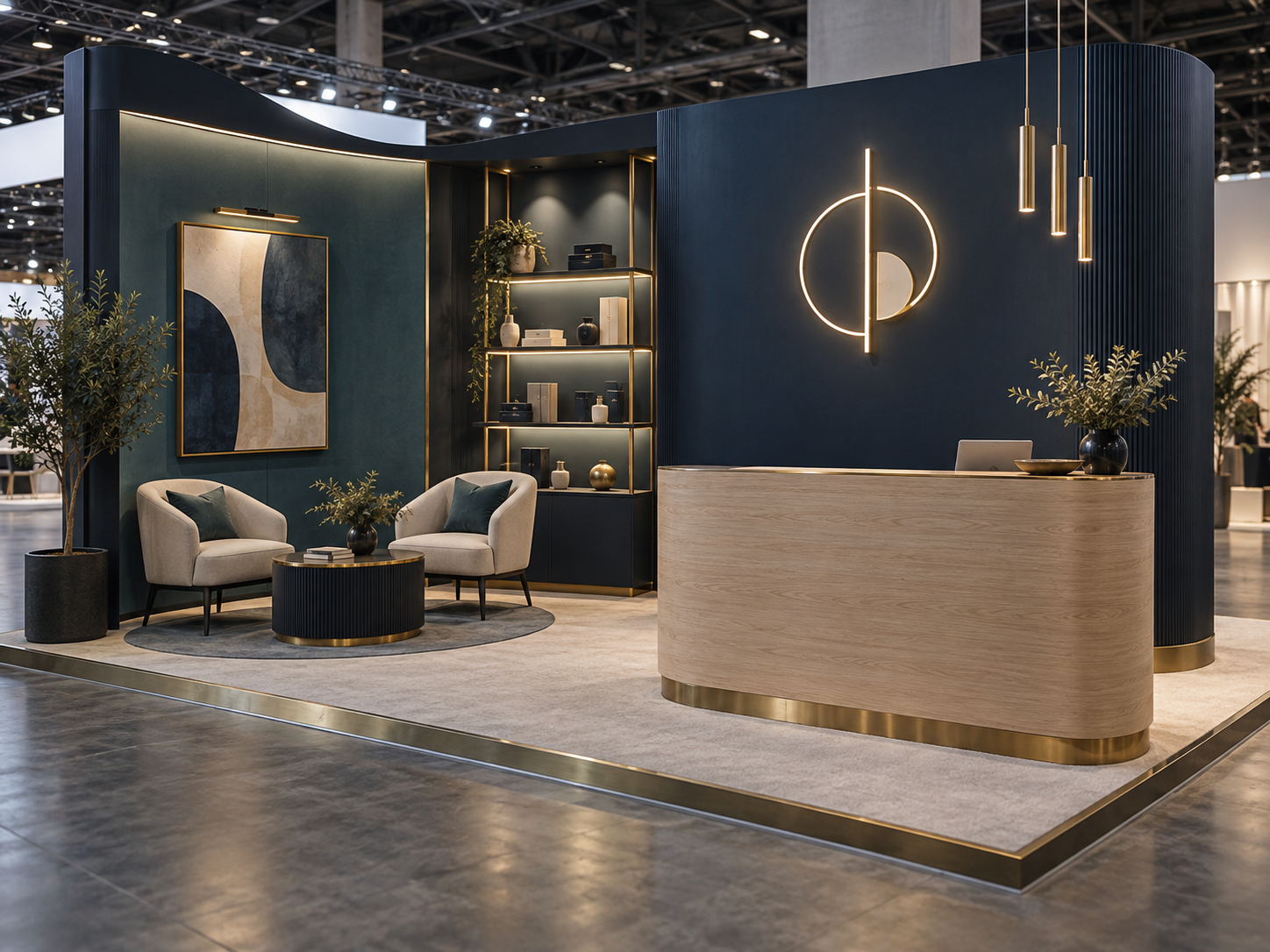 A contemporary blue exhibition booth with a reception desk and seating