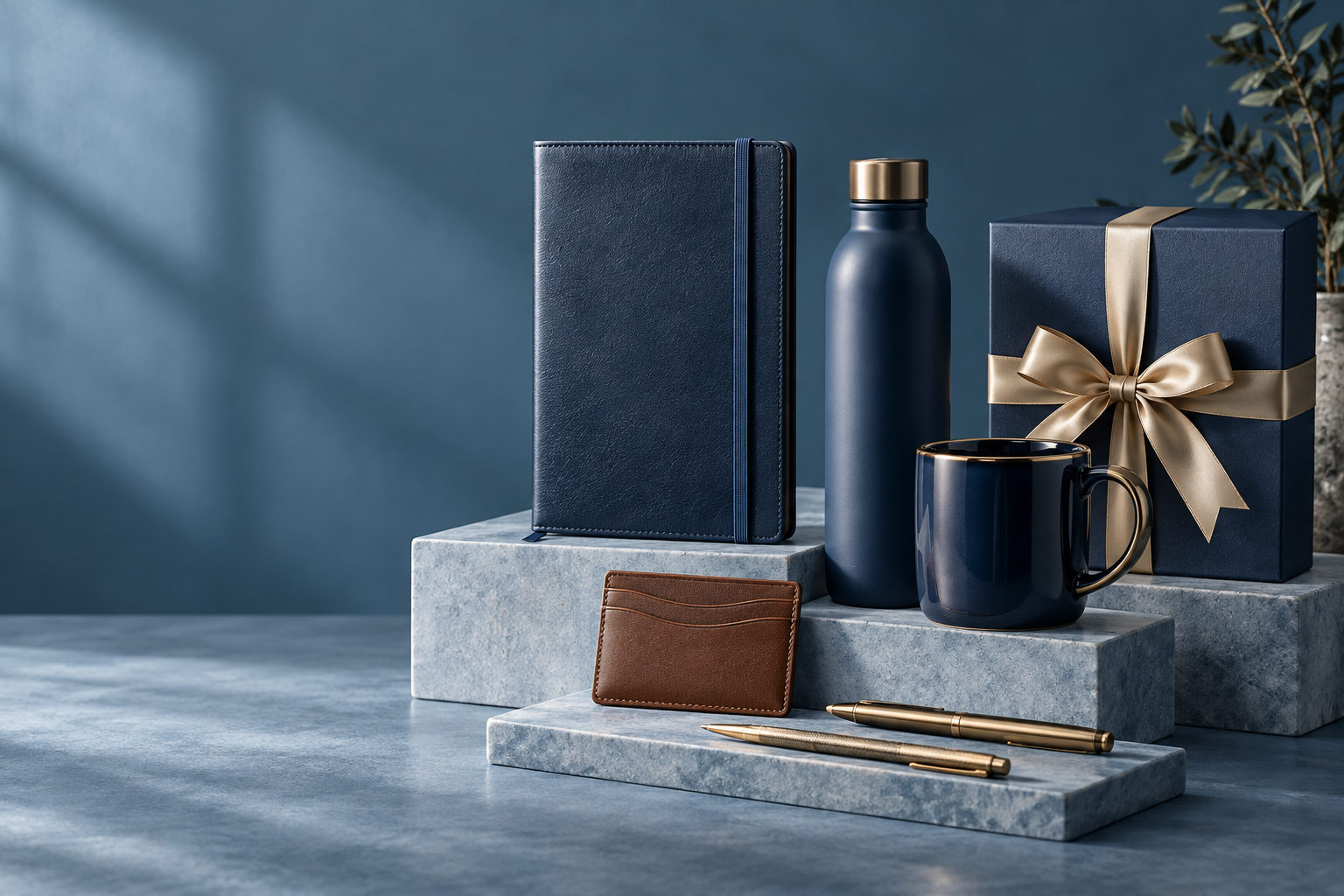 Coordinated corporate gifts in navy, leather and brass on blue display plinths