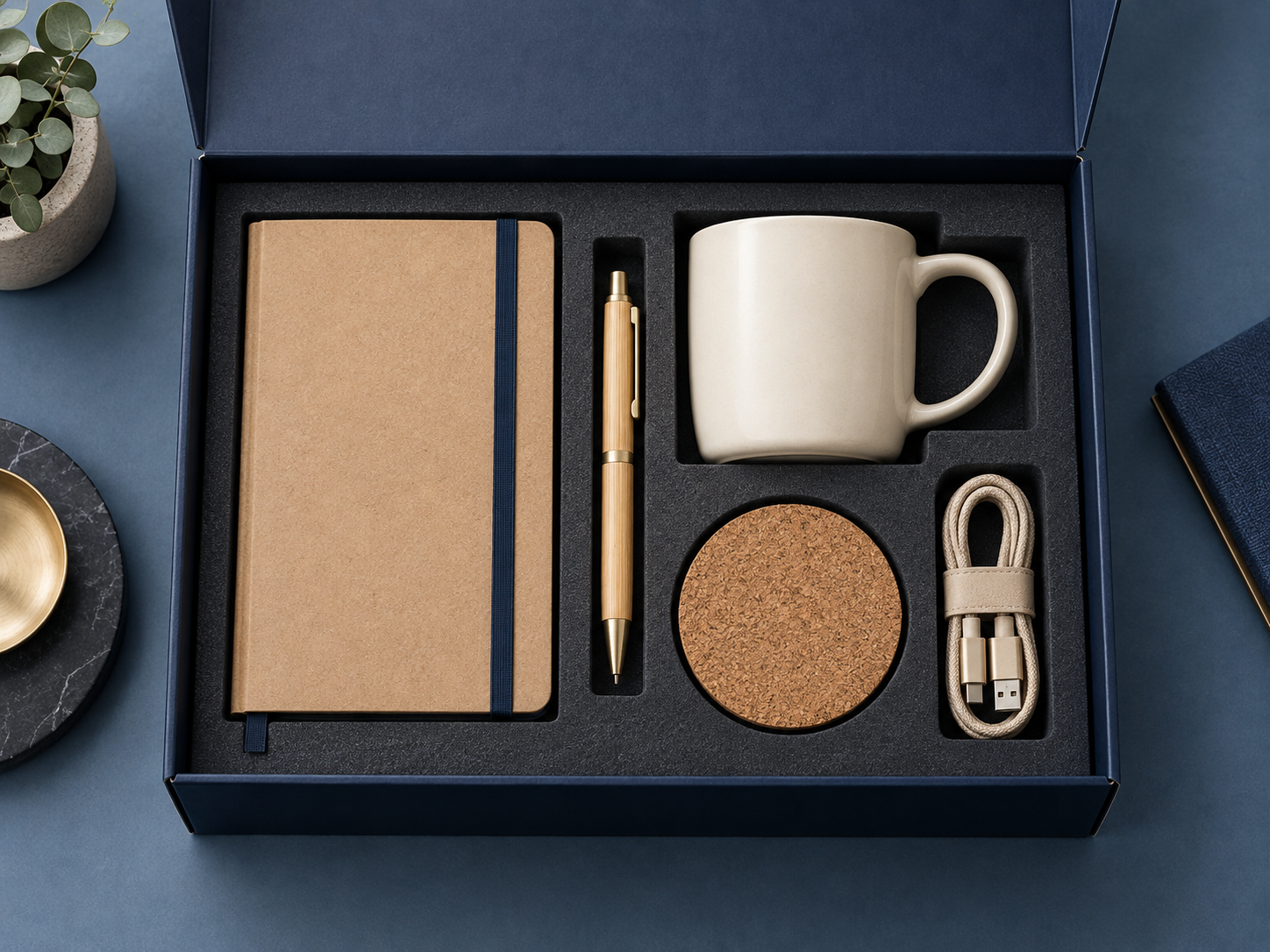 Presentation box with a notebook, mug and natural-toned corporate gifts