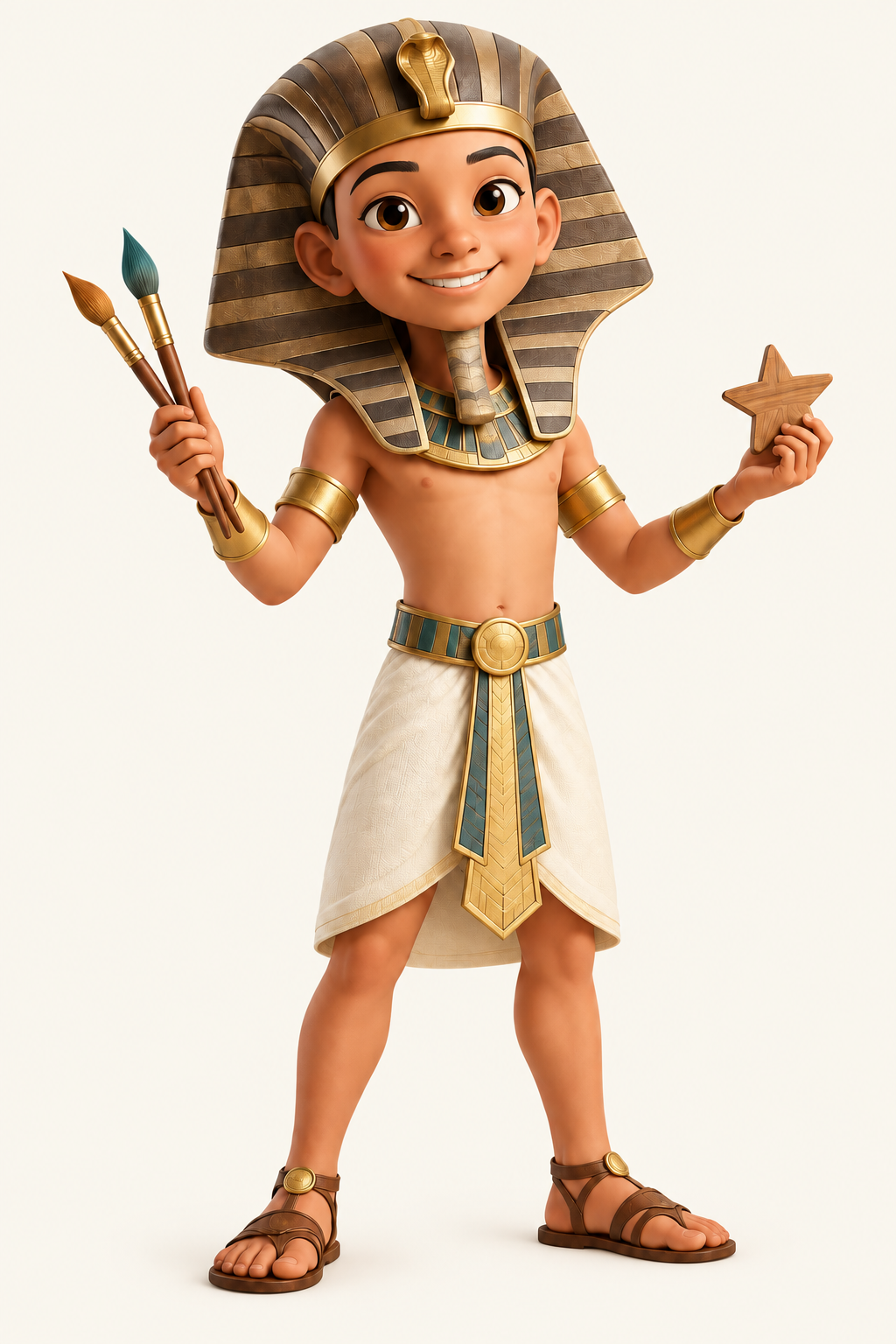 Tut, our friendly young pharaoh mascot, holding paintbrushes and a wooden star
